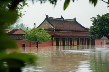 Fototapeta premium Flooded Ancient Chinese Temple Amidst Lush Greenery