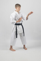 Fifteen year old male teenage karate black bel in sanchin stance doing open hand block, studio shot against a white background