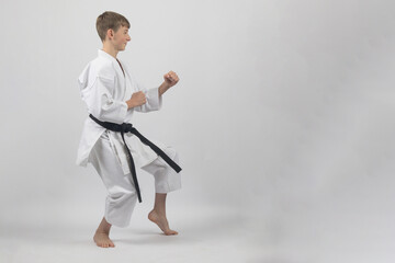 Fifteen year old male teenage karate black belt in a cat stance ready to spar, studio shot against...