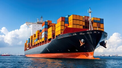 Fototapeta premium Vibrant Cargo Ship Loaded with Colorful Containers Navigating Calm Waters Under Blue Sky and Fluffy Clouds, Symbolizing Global Trade and Shipping Industry
