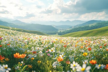 Fototapeta premium A vibrant field of wildflowers under a sunny sky with distant mountains.