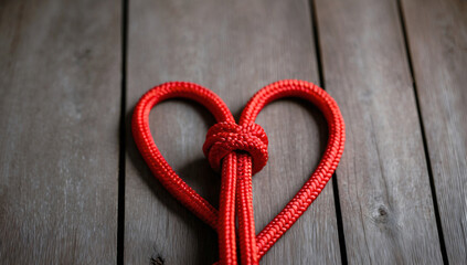 Heart Symbol on Red Rope: Romantic Design & Artistic Expression on Wood Background