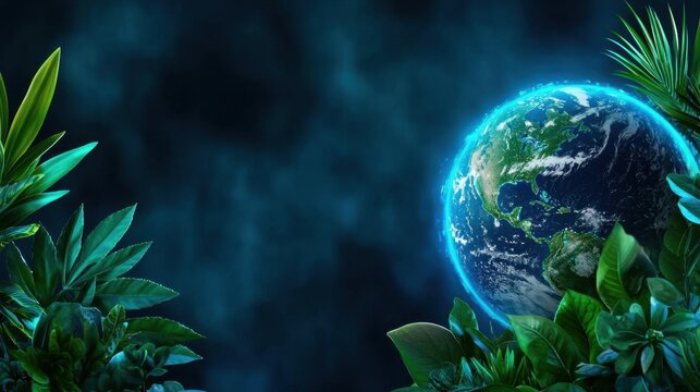 A photostock of the planet Earth surrounded by glowing blue energy and flowers, symbolizing global harmony and environmental awareness. High Quality