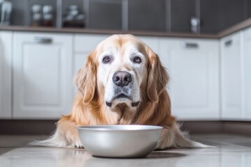 A dog sitting beside its food bowl on the floor