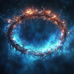 Crown of thorns glowing with radiant blue and orange light symbolizing sacrifice and divinity