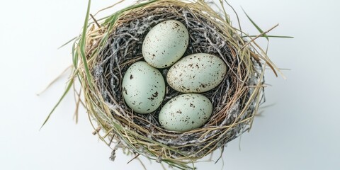Obraz premium A bird nest containing four eggs, natural habitat