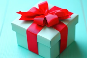 Fototapeta premium A small white gift box tied with a bright red bow, perfect for wrapping small gifts or adding a touch of elegance to any setting