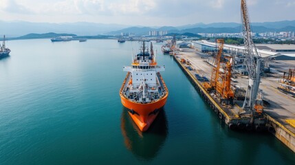 Bright Orange Cargo Ship Docked in Tranquil Harbor with Modern Infrastructure and Scenic Mountain Backdrop in Clear Blue Sky