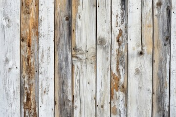 A close-up shot of a worn out wooden wall with peeling paint, suitable for use in decorative or distressed settings