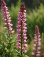Obraz premium Macro shot of delicate pink heather Calluna vulgaris flowers on a lush green stem in a field, field, botanical