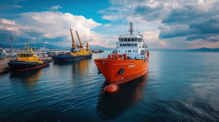 Fototapeta premium Vibrant orange research vessel docked at harbor with cranes and boats under scenic sky