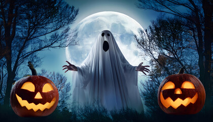 Illustration of creepy ghost with open mouth in dark forest at full moon