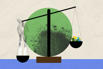 Composite photo collage of scales comparison air emissions factory smog flower nature globe conservation isolated on painted background
