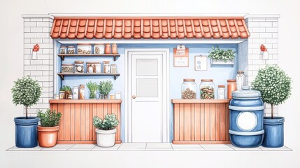 Traditional chinese medicine shop interior urban setting illustration vibrant environment front view cultural heritage