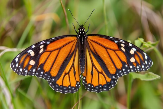 A large orange butterfly perched on the leaves of a green plant, ideal for wildlife or nature-themed images - Powered by Adobe
