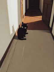 chat noir dans un corridor, art numérique