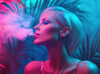 girl smokes cigarettes in purple light