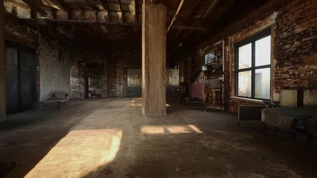 A spacious, rustic interior with exposed brick and wooden beams, illuminated by natural light.
