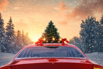 Red car with Christmas tree under falling snowflakes.