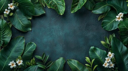 Fototapeta premium Lush Tropical Green Leaves and White Flowers Creating a Beautiful Decorative Frame on Dark Textured Background