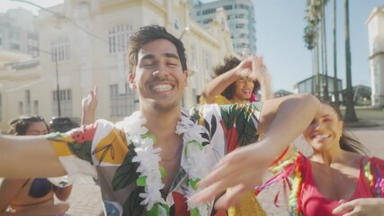 Joyful Celebration in Brazilian Sunshine: Exuberant Friends Dancing at Colorful Carnival Festivities.