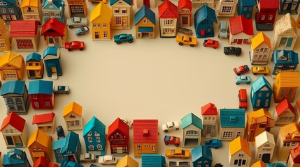 Naklejka premium Colorful Miniature Houses and Cars Arranged in a Circular Pattern on a Neutral Background for Creative Concepts