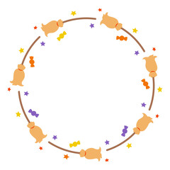 魔女のほうきとキャンディの円形フレーム　ハロウィン