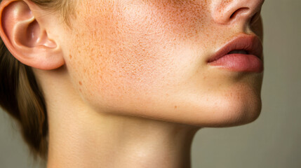 Close-up of a young woman's freckled skin and lips in natural light