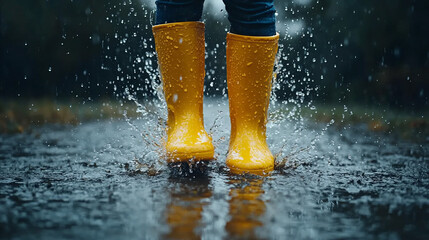 A child jumping into a puddle with bright yellow _0108