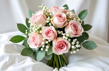 A romantic wedding bouquet featuring roses, baby's breath, and eucalyptus leaves, placed on a soft white fabric background