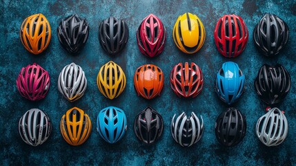 Obraz premium Colorful Variety of Cycling Helmets Arranged on a Textured Surface for Safety and Style in Biking Activities