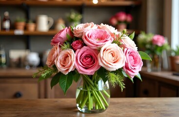 Obraz premium A vibrant bouquet of mixed flowers in soft pastel shades, arranged elegantly in a glass vase on a wooden counter in a cozy flower shop