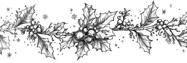 Christmas drawn holly line decor, pine branch, snowflake background. Hand drawn doodle sketch holly floral, christmas tree leaves, winter pine. Holiday ornament sketch doodle. Vector illustration