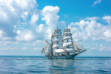 A majestic white sailboat gliding smoothly through the calm ocean waters, ideal for use in travel or adventure-themed projects