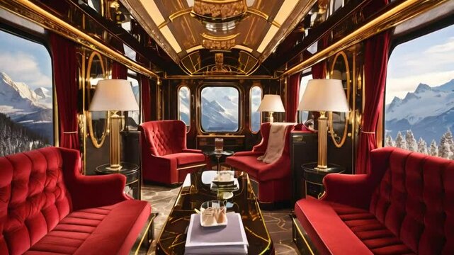 Luxurious train interior with red seating, elegant decor, and mountain views through large windows.