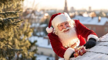 Santa climbing snowy rooftop with present in hand