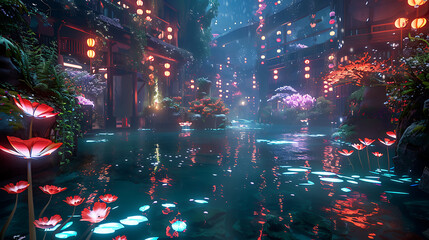 Fototapeta premium Enchanting Dreamlike Underwater City Illuminated by Bioluminescent Lights and Flourishing Flora, Creating a Magical and Ethereal Atmosphere