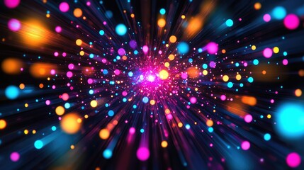 Fototapeta premium A pixel dot explosion, with dots radiating outward in bright neon colors against a dark background, creating a sense of movement