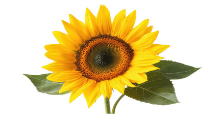 Fototapeta premium Bright sunflower in full bloom with green leaves. transparent background