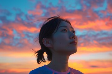 Portrait of a tender asian woman in her 40s sporting a breathable mesh jersey isolated in vibrant sunset horizon