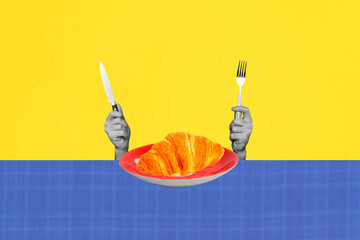 Sketch template design 3D photo collage composite of anonymous hand hold kitchen tool eat food...