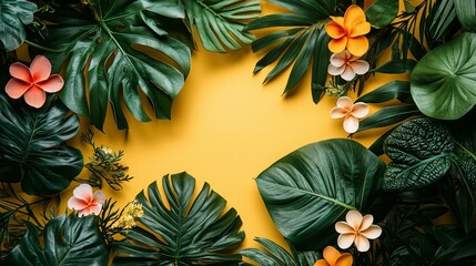 Naklejka premium Tropical Floral Arrangement with Green Leaves and Colorful Blooms on Yellow Background for Vibrant Nature Theme