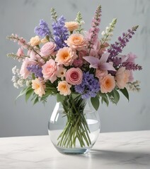 Obraz premium Pastel-colored flowers arrangement in a glass vase, flower, vase, glass