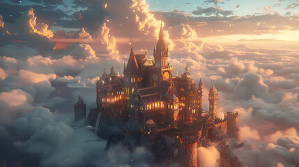 Enchanted Floating Castle in the Clouds with Vibrant Sunset Glow and Majestic Architecture Surrounded by Dreamy Cloudscape