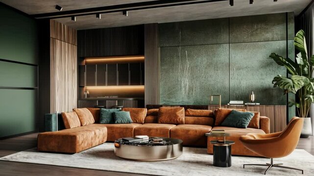 Modern living room featuring a stylish sectional sofa and elegant decor in a vibrant green palette