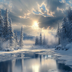frozen lake in snowy forest