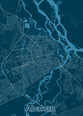 The image showcases a detailed map of Abakan, a city in Russia. The map is rendered in a minimalist style with a dark blue background and white lines representing streets and roads.