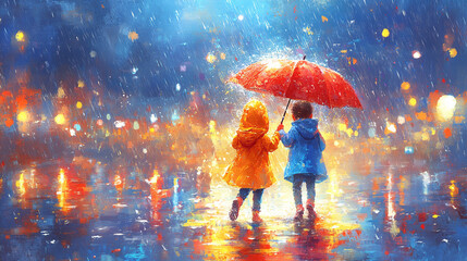 Two kids sharing an umbrella while running throug_0512