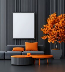Modern Living Room with Gray Walls and Bright Orange Decor Featuring a Sofa, Coffee Tables, and a Decorative Tree for Stylish Interior Design Inspiration