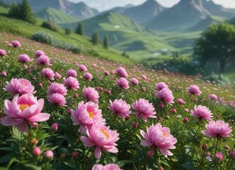 Obraz premium Pink peony flowers are scattered across a lush green meadow amidst a backdrop of blooming wildflowers, landscape, blooming , peony
